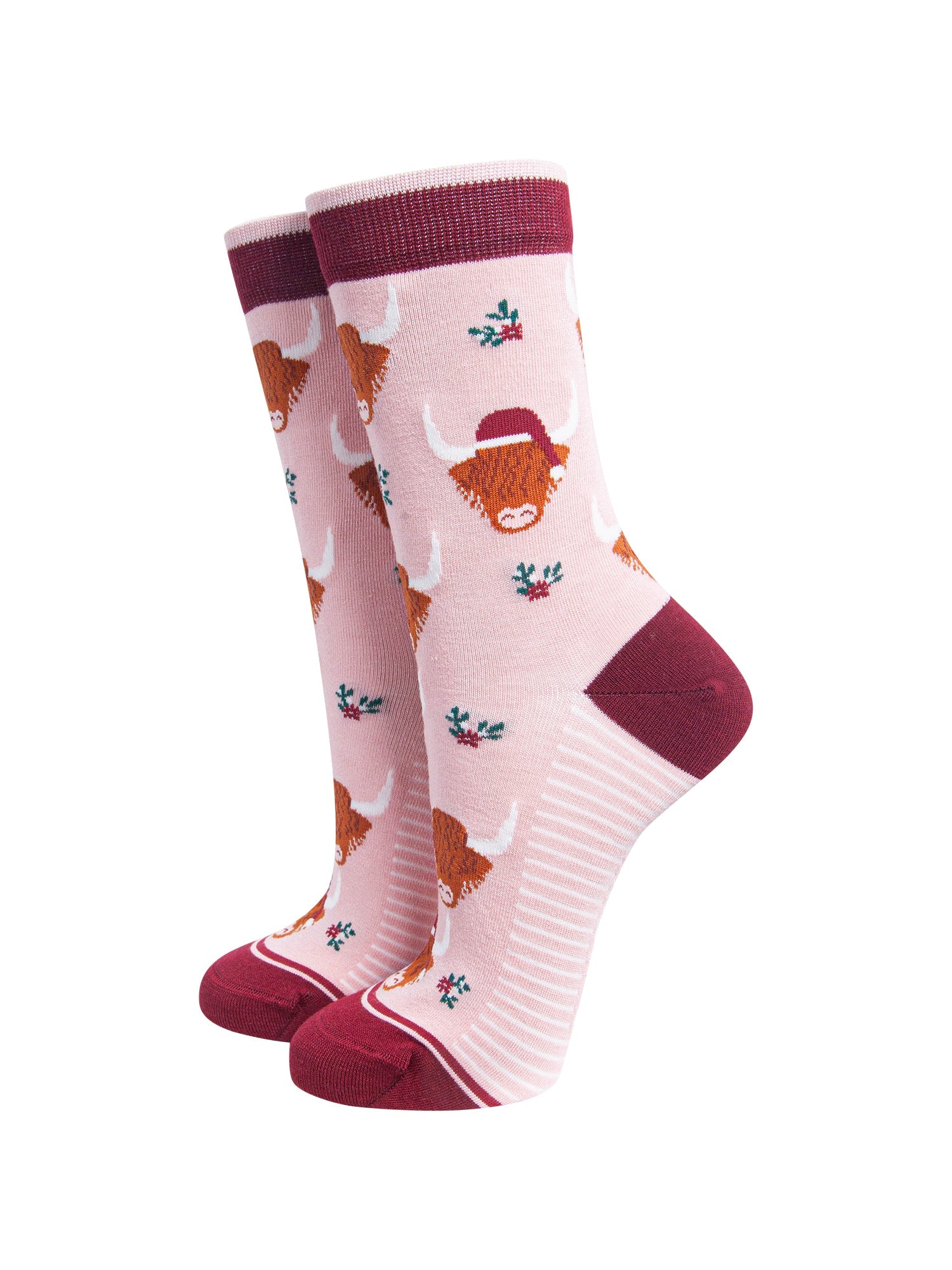 Christmas-Highland-Cow-Women's-Bamboo-Socks-in-Soft-Pink-On-Mannequin