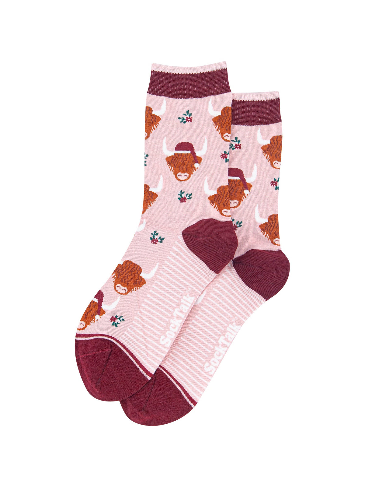 Christmas-Highland-Cow-Women's-Bamboo-Socks-in-Soft-Pink-Laid-Flat