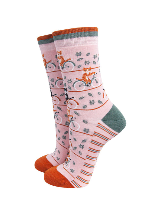 Cycling-Cat-Women's-Bamboo-Socks-in-Soft-Pink-On-Mannequin