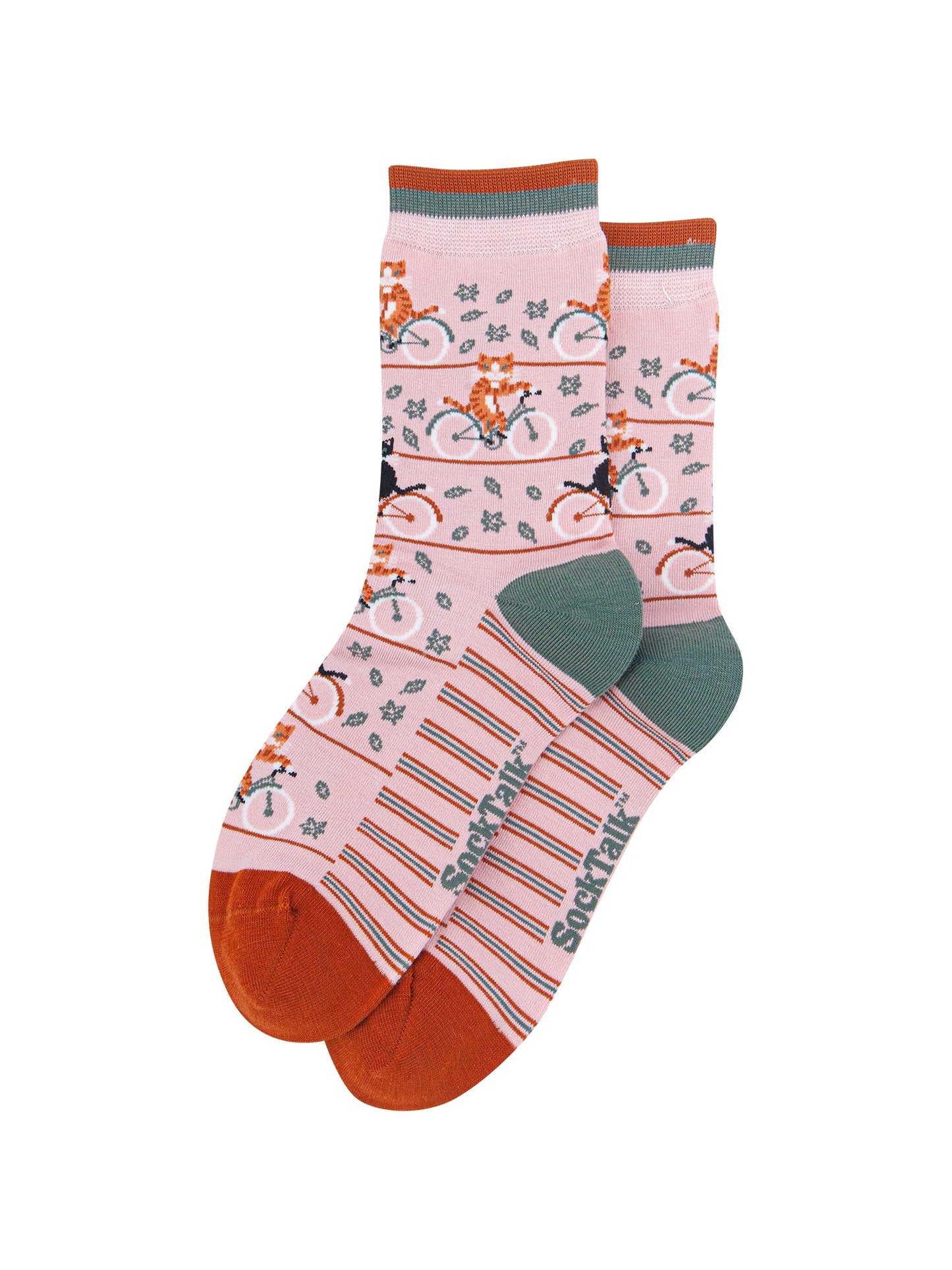 Cycling-Cat-Women's-Bamboo-Socks-in-Soft-Pink-Laid-Flat