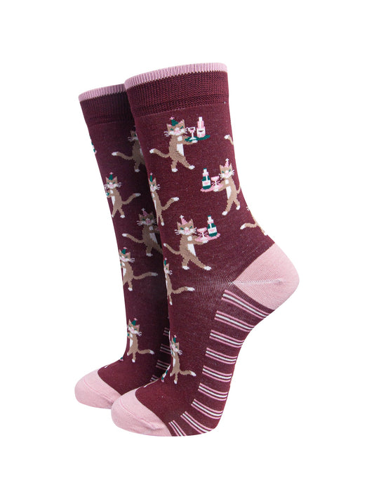 Party-Cat-Women's-Bamboo-Socks-in-Burgundy-On-Mannequin