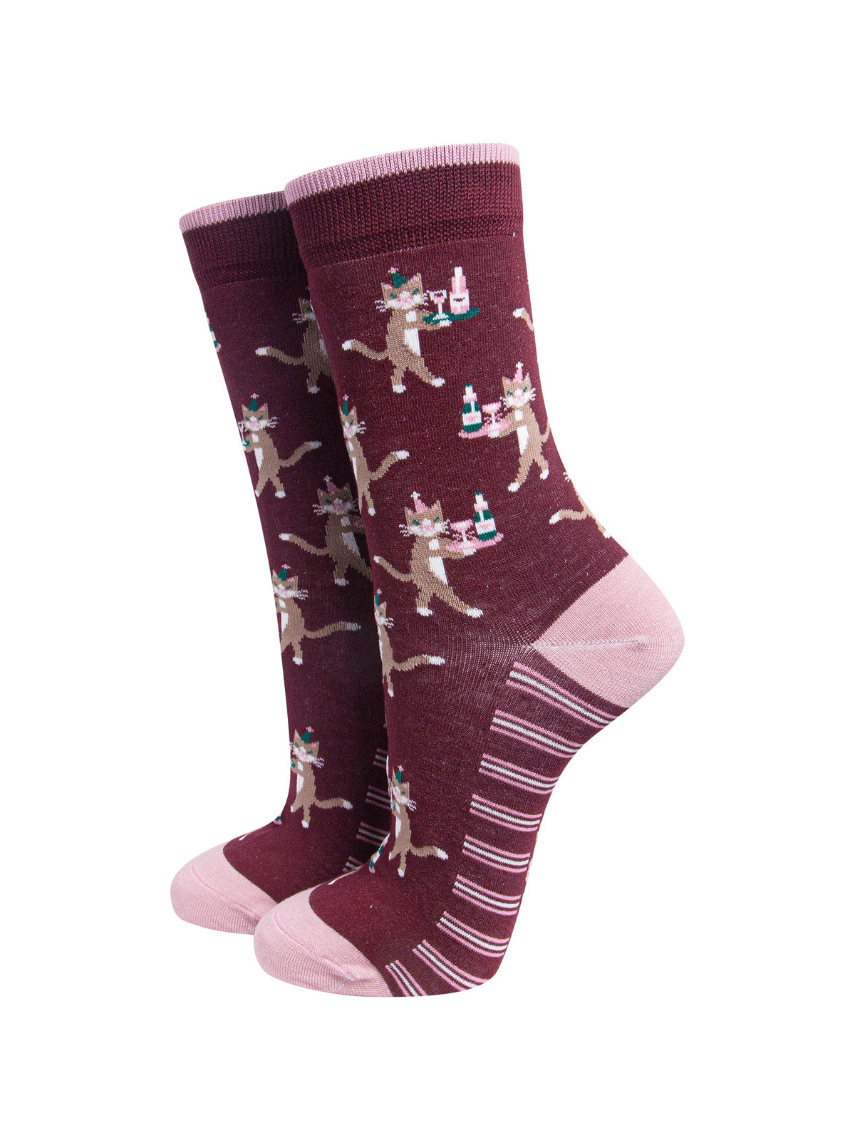 Party-Cat-Women's-Bamboo-Socks-in-Burgundy-On-Mannequin
