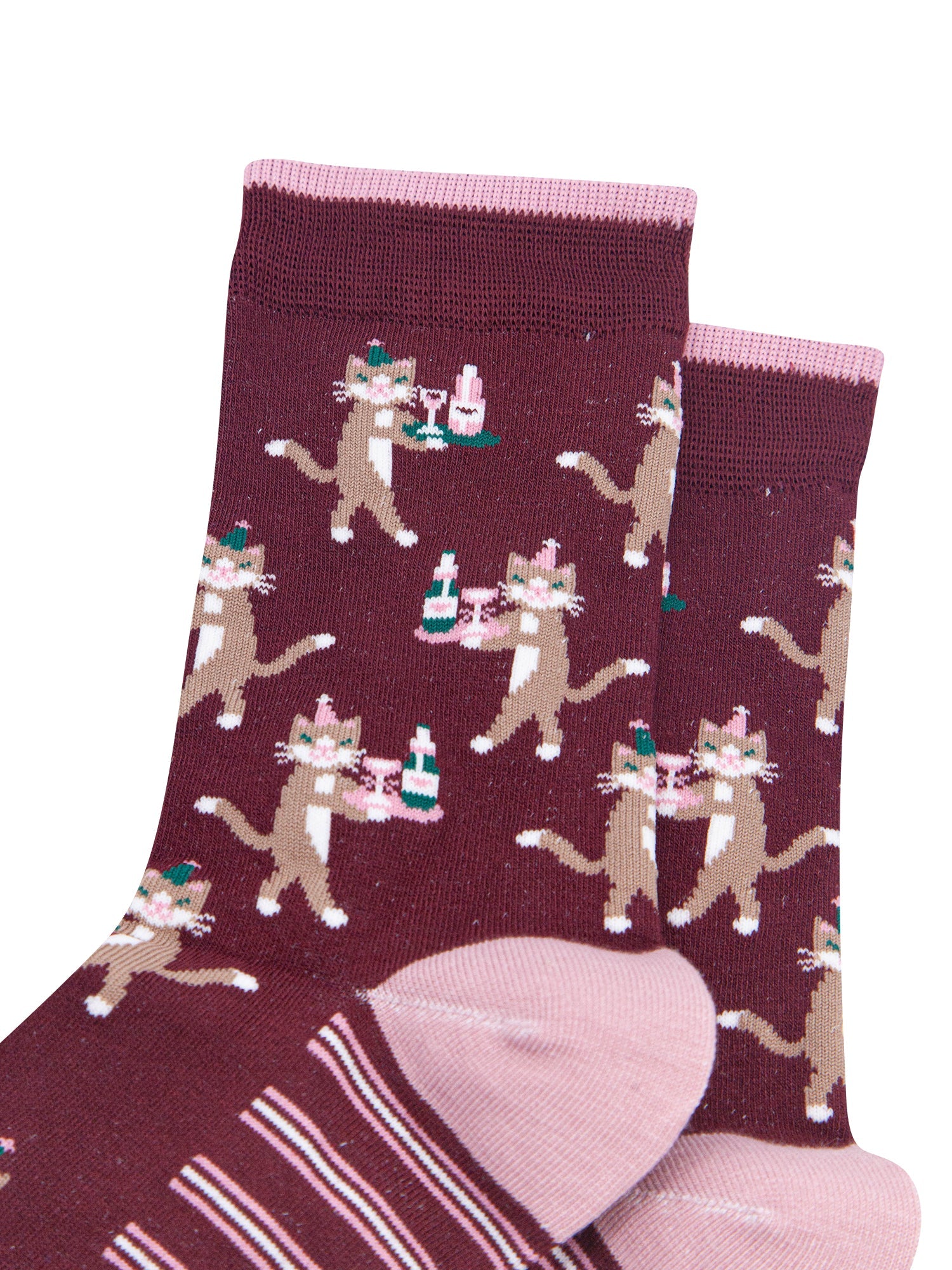 Party-Cat-Women's-Bamboo-Socks-in-Burgundy-Close-Up