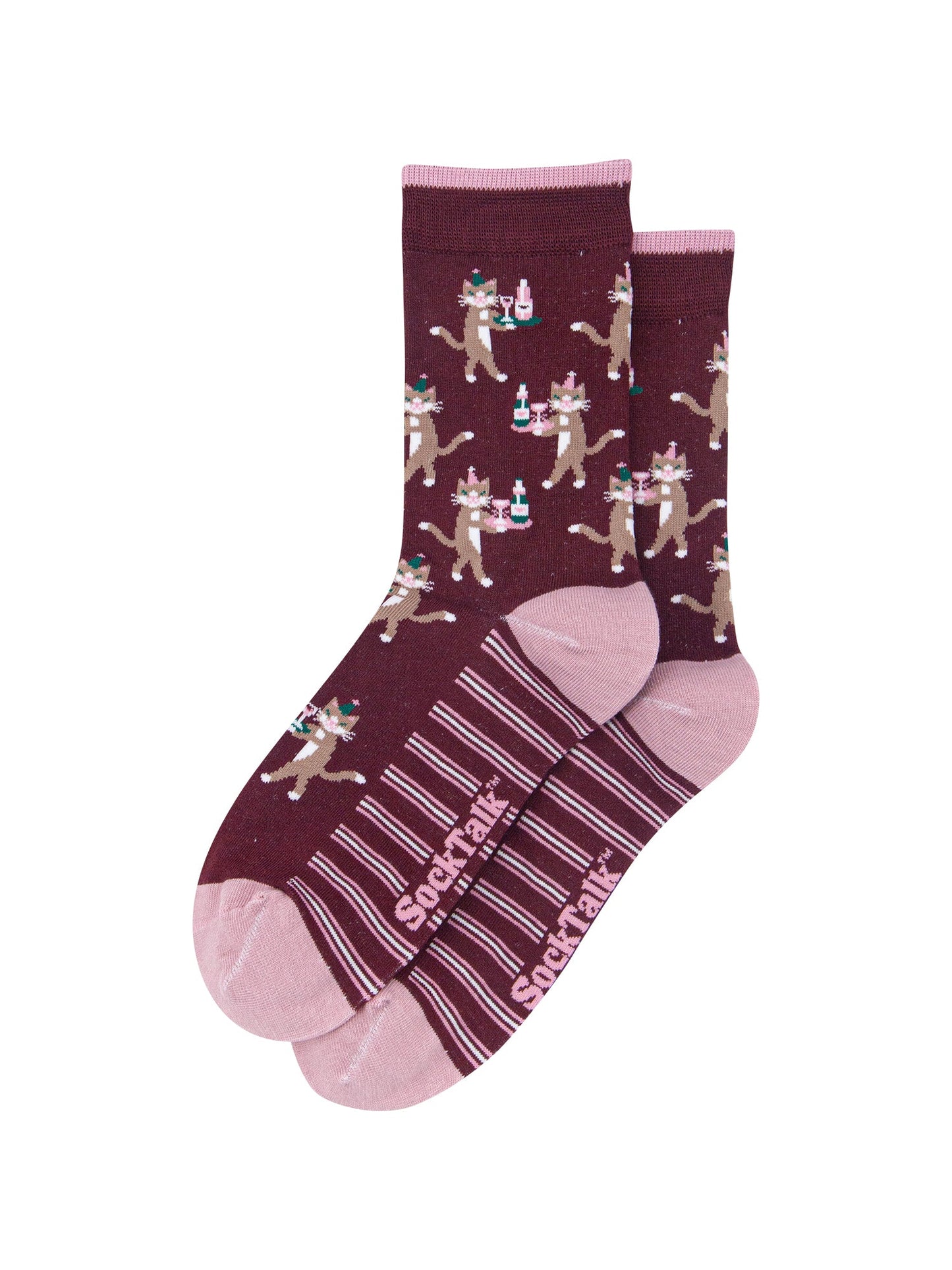 Party-Cat-Women's-Bamboo-Socks-in-Burgundy-Laid-Flat