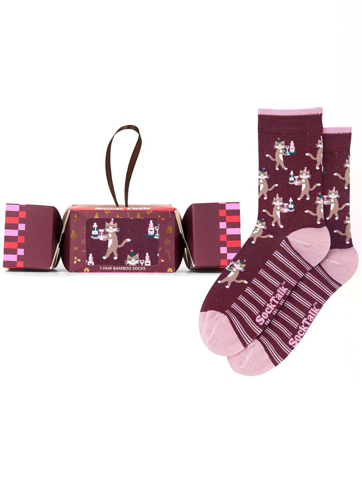 Champagne-Cats-Bamboo-Crew-Socks-Christmas-Cracker-Gift-Box-in-Berry