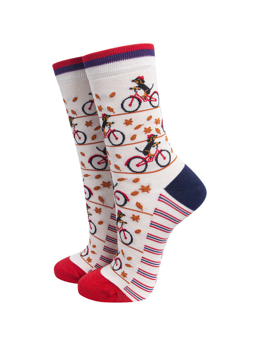 Cycling-Sausage-Dog-Women's-Bamboo-Socks-in-Cream-On-Mannequin