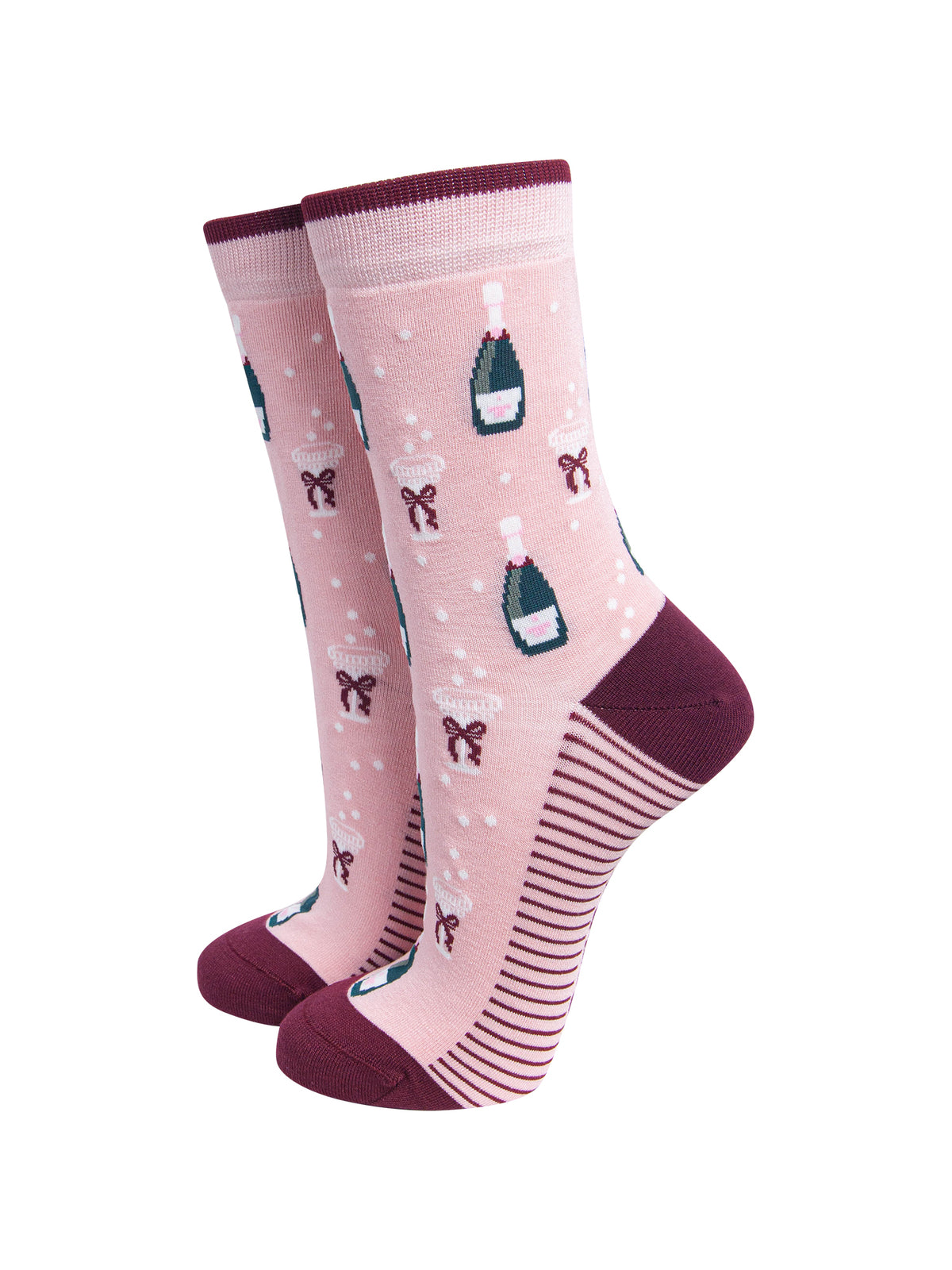 4 Pair Girls Night Bamboo Crew Socks Festive Gift Set in Burgundy/Pink