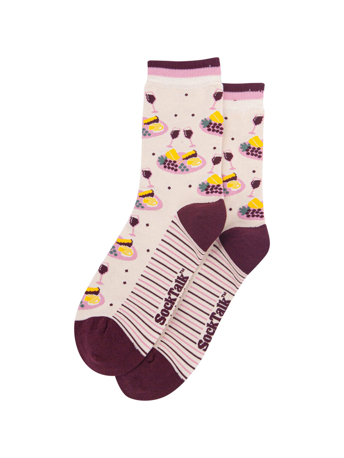 Cheese-&-Wine-Women's-Bamboo-Socks-in-Cream-Laid-Flat