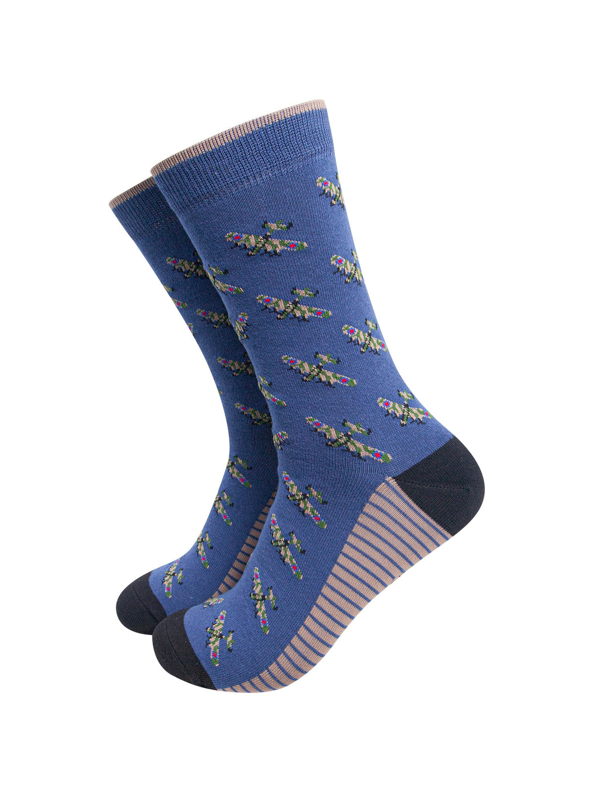 Vintage-Planes-Men's-Bamboo-Socks-in-Denim-Blue-On-Mannequin