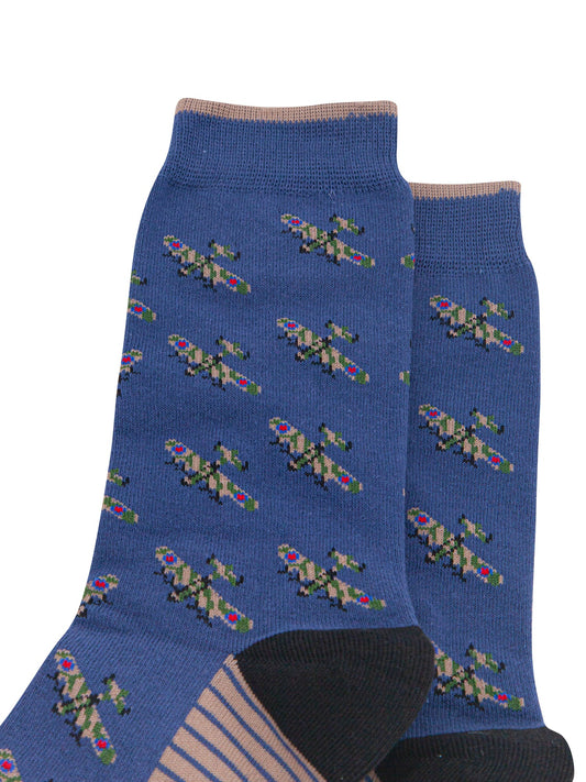 Vintage-Planes-Men's-Bamboo-Socks-in-Denim-Blue-Close-Up