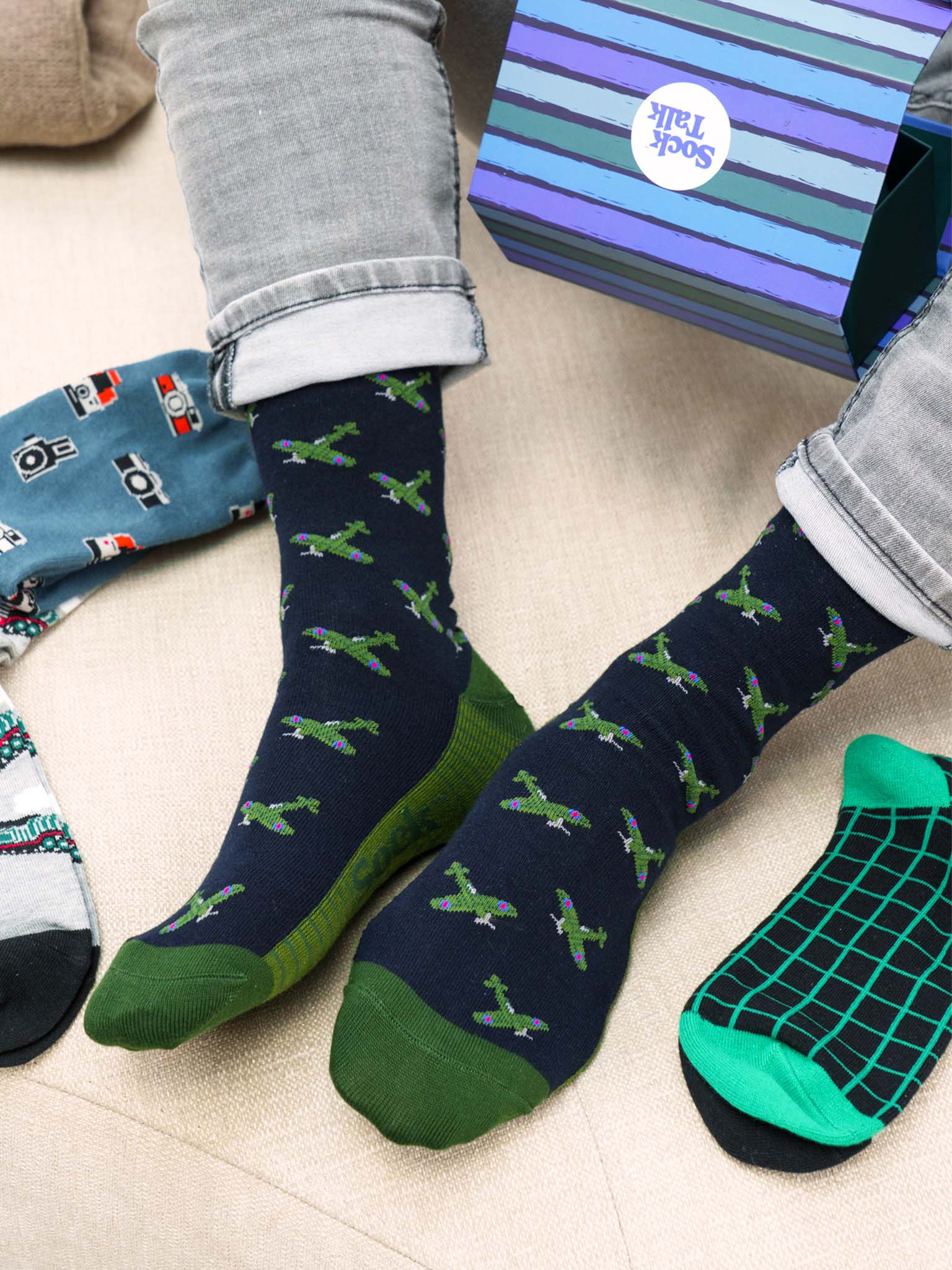 vintage-airplane-spitfire-print-bamboo-socks-navy-and-green