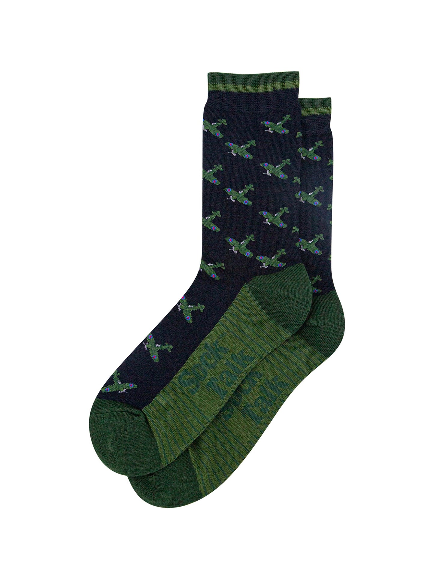 Vintage-Airplanes-Bamboo-Socks-in-Navy-Blue-Lying-Flat