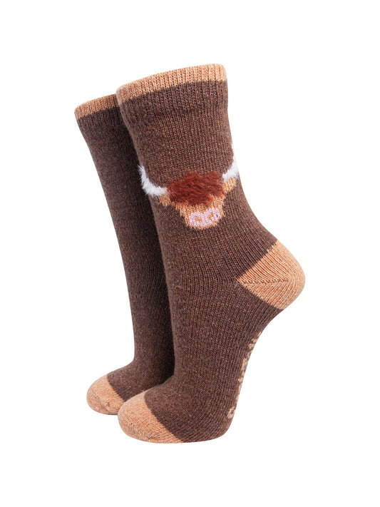 Highland-Cow-Wool-Fluffy-Element-Socks-in-Brown-On-Mannequin