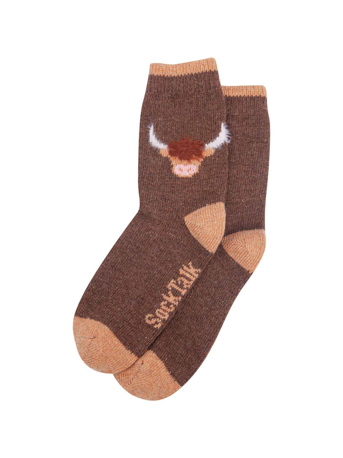 Highland-Cow-Wool-Fluffy-Element-Socks-in-Brown-Laid-Flat