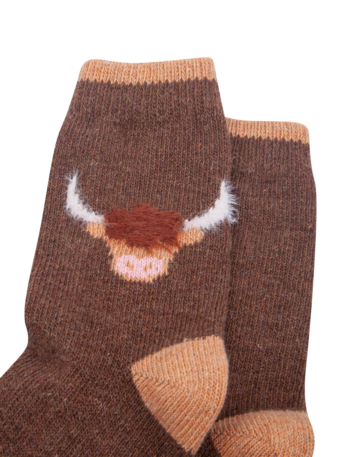 Highland-Cow-Wool-Fluffy-Element-Socks-in-Brown-Laid-Flat