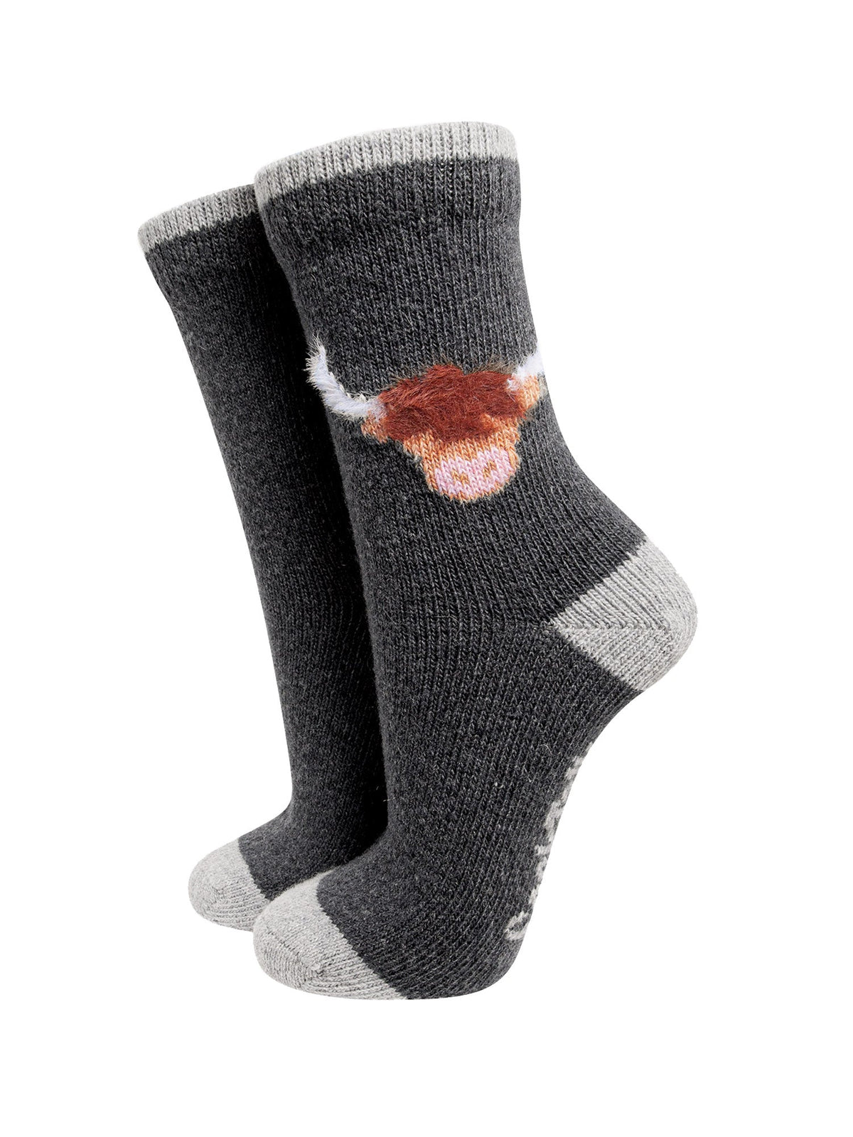 Highland-Cow-Wool-Fluffy-Element-Socks-in-Dark-Grey-Marl-On-Mannequin