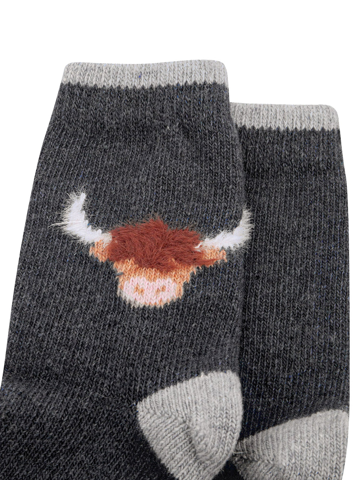 Highland-Cow-Wool-Fluffy-Element-Socks-in-Dark-Grey-Marl-Close-Up