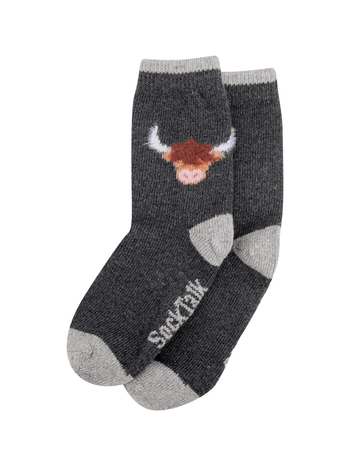 Highland-Cow-Wool-Fluffy-Element-Socks-in-Dark-Grey-Marl-Laid-Flat