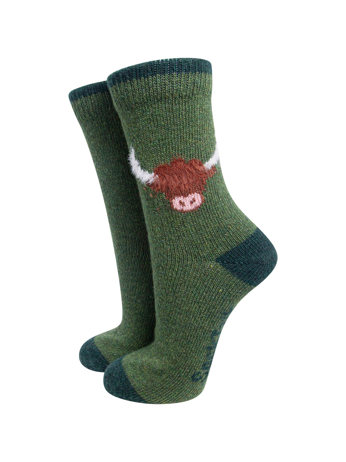 Highland-Cow-Wool-Fluffy-Element-Socks-in-Green-On-Mannequin