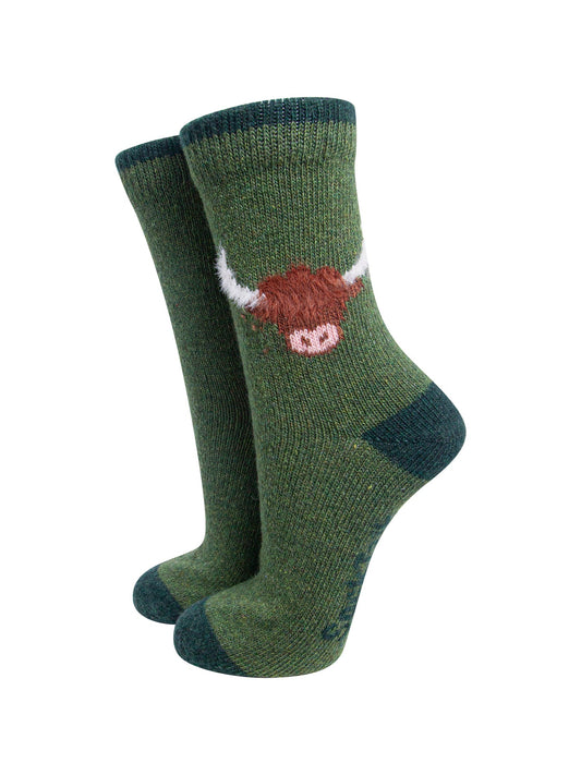 Highland-Cow-Wool-Fluffy-Element-Socks-in-Green-On-Mannequin