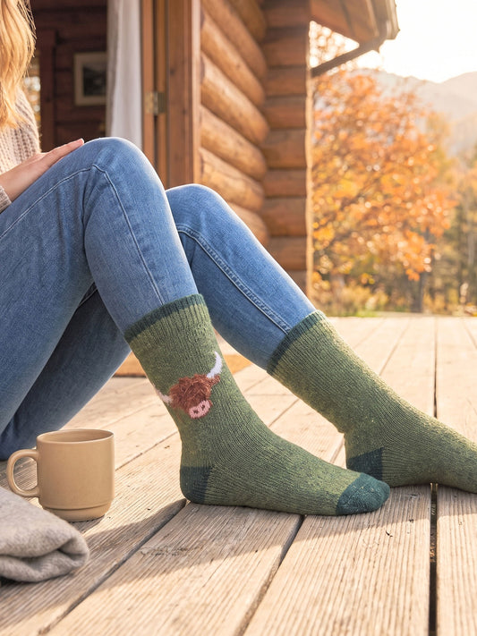 Highland-Cow-Wool-Fluffy-Element-Socks-in-Green