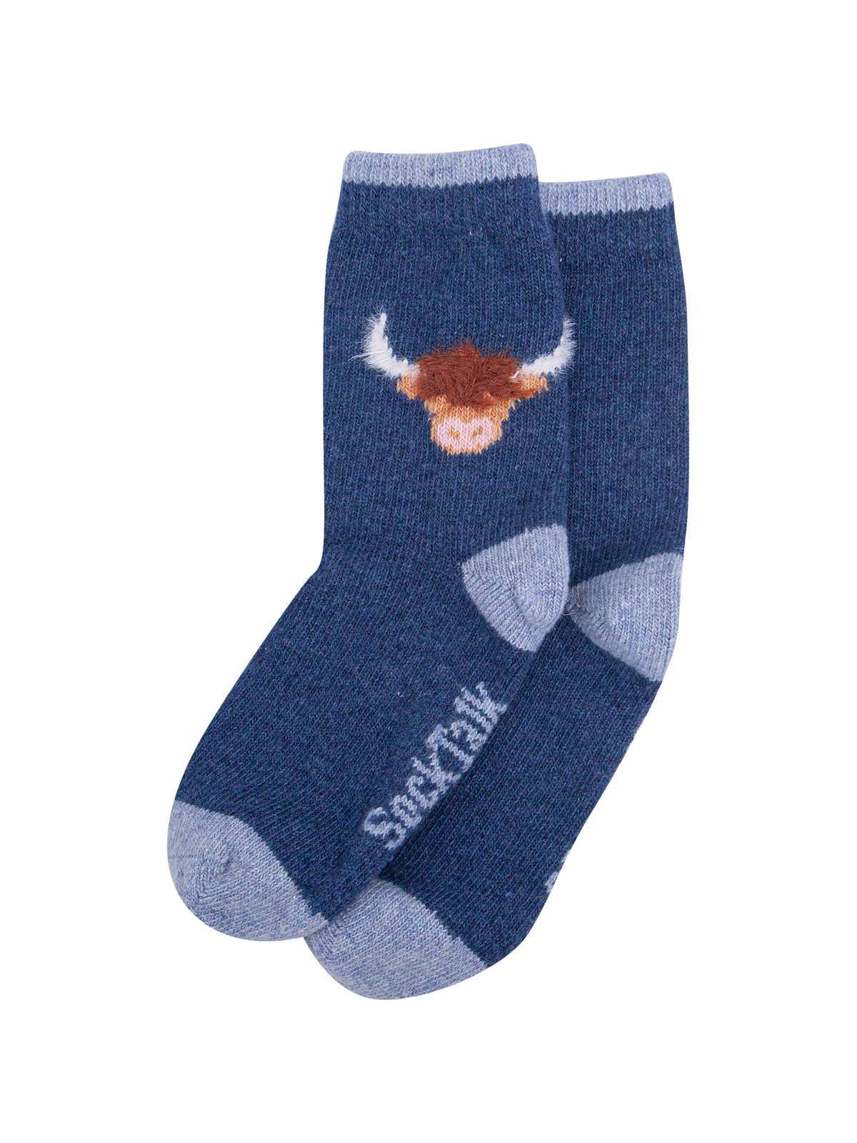 Highland-Cow-Wool-Fluffy-Element-Socks-in-Blue-Laid-Flat