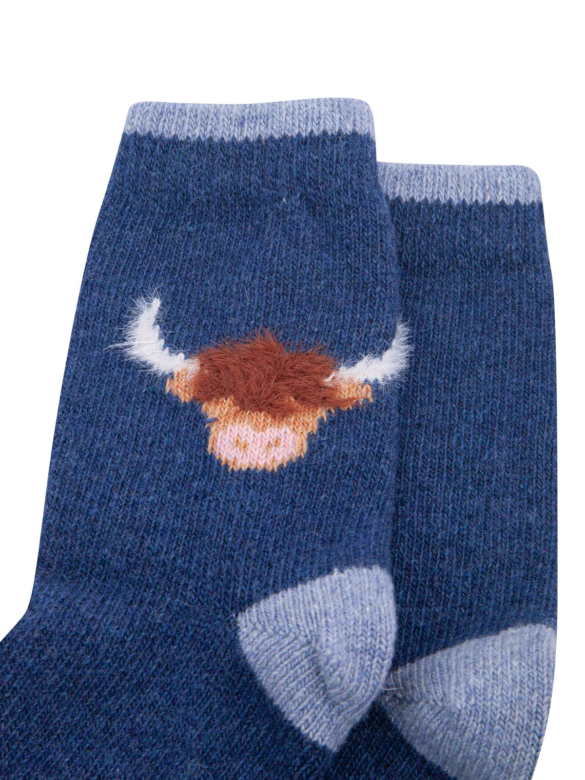Highland-Cow-Wool-Fluffy-Element-Socks-in-Blue-Close-Up