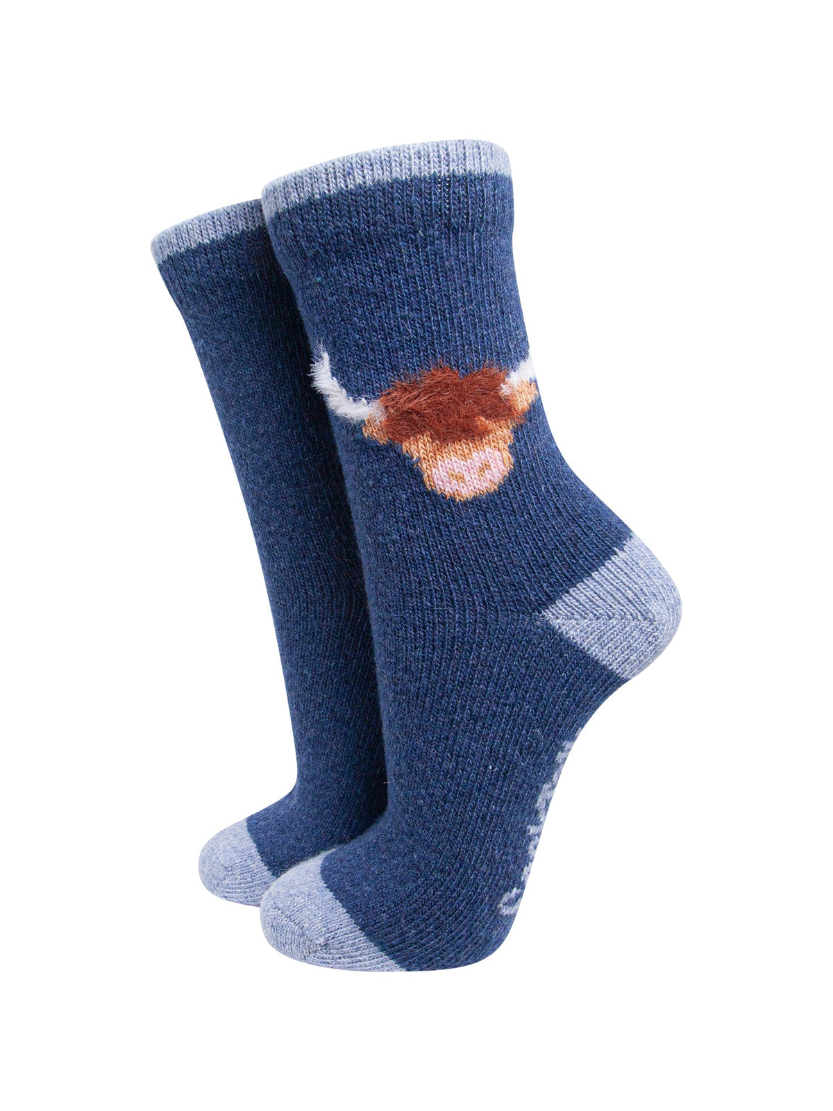 Highland-Cow-Wool-Fluffy-Element-Socks-in-Blue-On-Mannequin