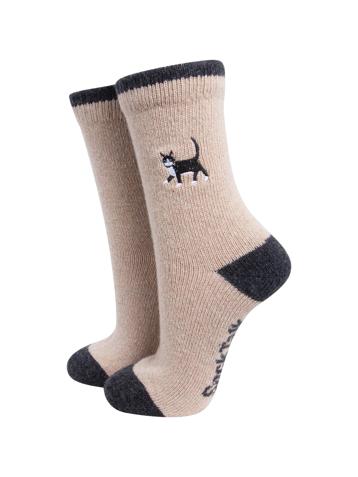 Black-Cat-Embroidered-Wool-Socks-in-Brown-On-Mannequin
