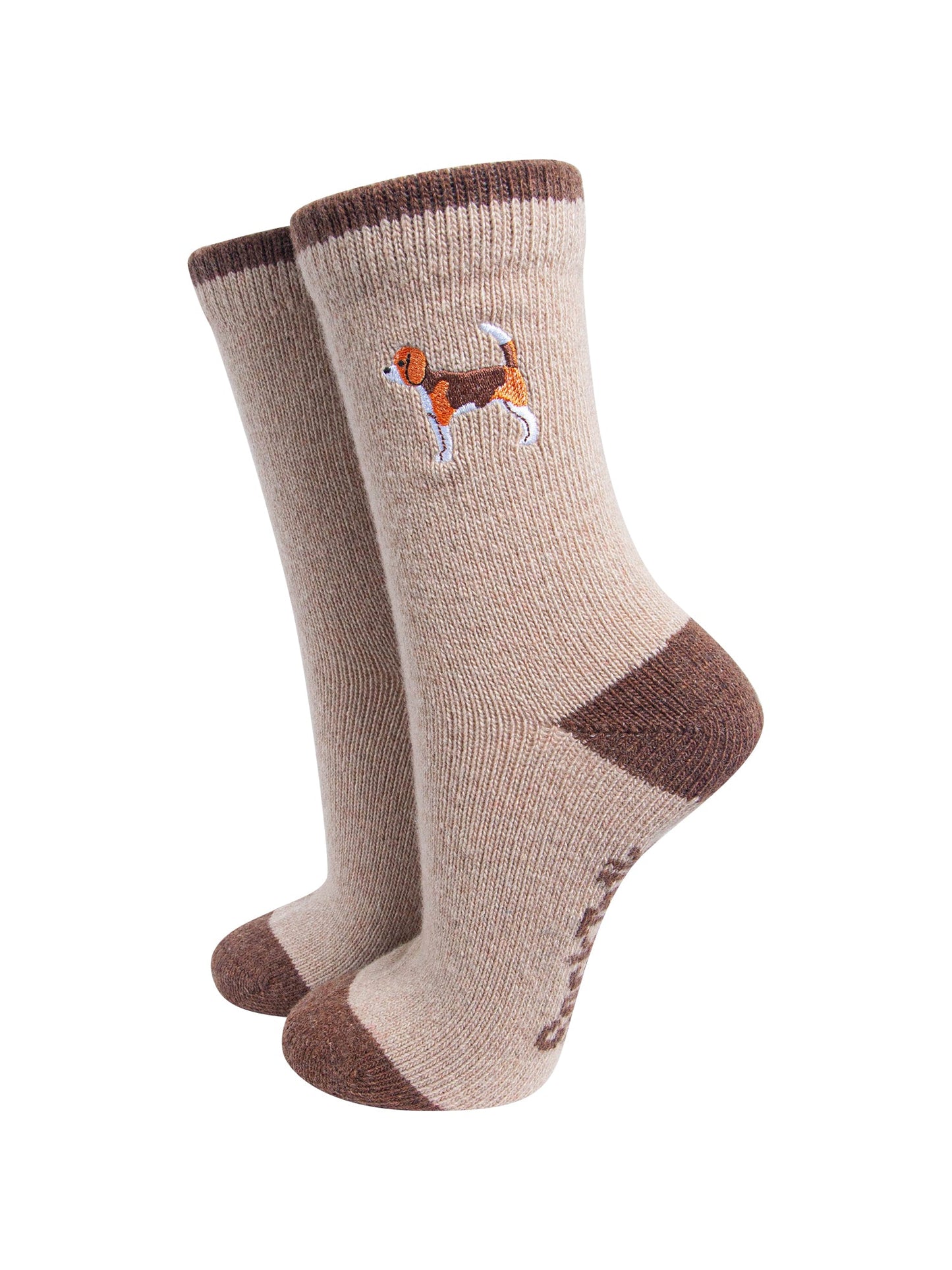 Beagle-Embroidered-Wool-Socks-in-Oatmeal-On-Mannequin