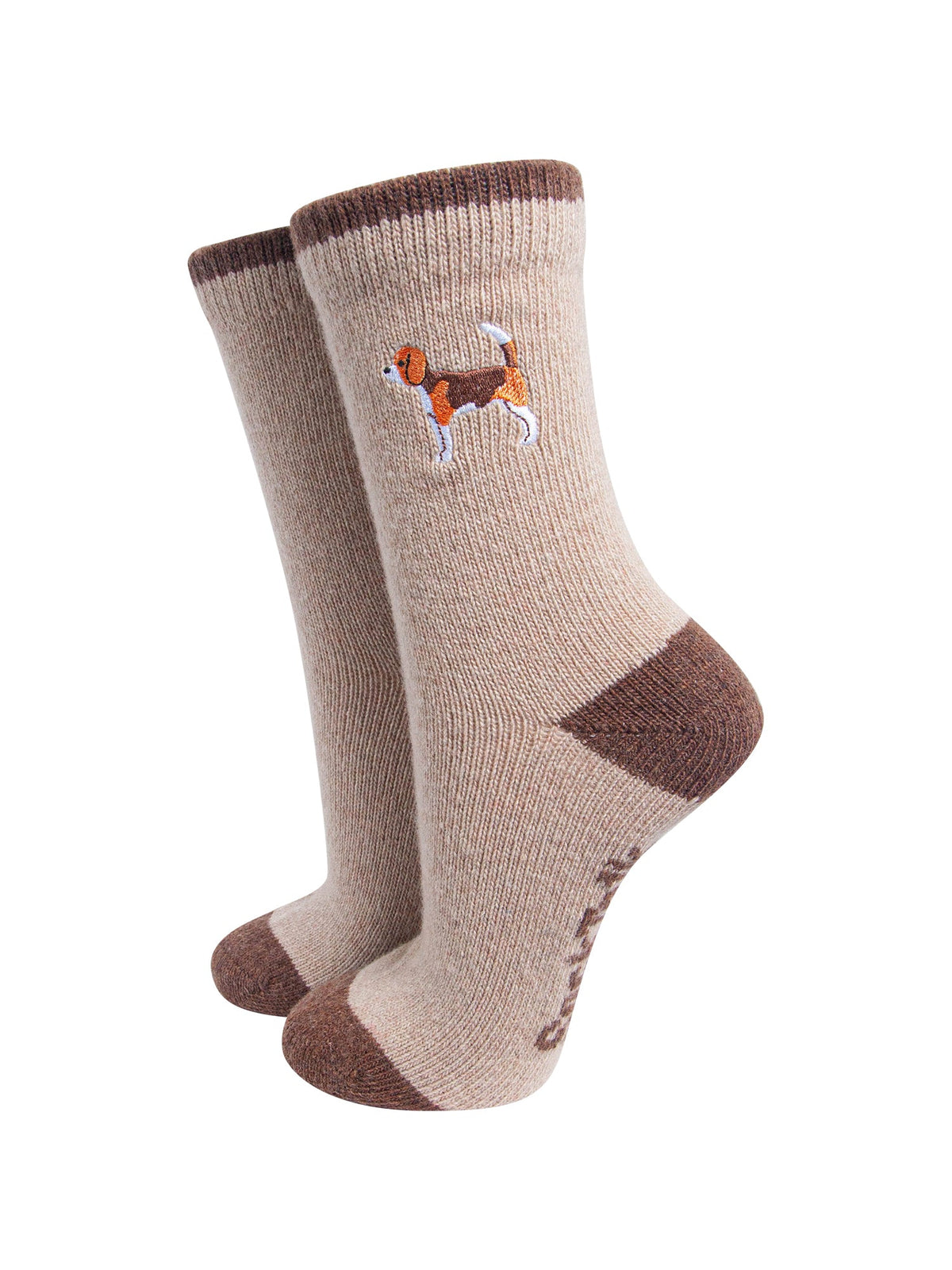Beagle-Embroidered-Wool-Socks-in-Oatmeal-On-Mannequin
