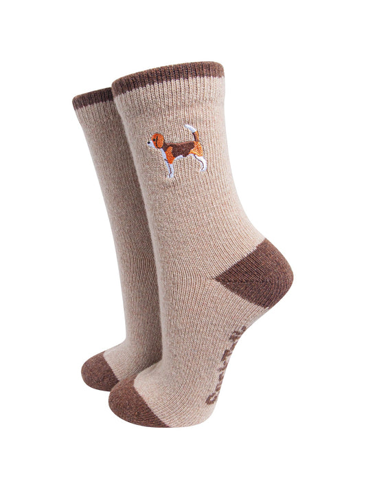 Beagle-Embroidered-Wool-Socks-in-Oatmeal-On-Mannequin