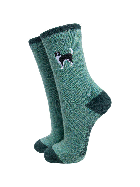 Collie-Dog-Embroidered-Wool-Socks-in-Green-On-Mannequin