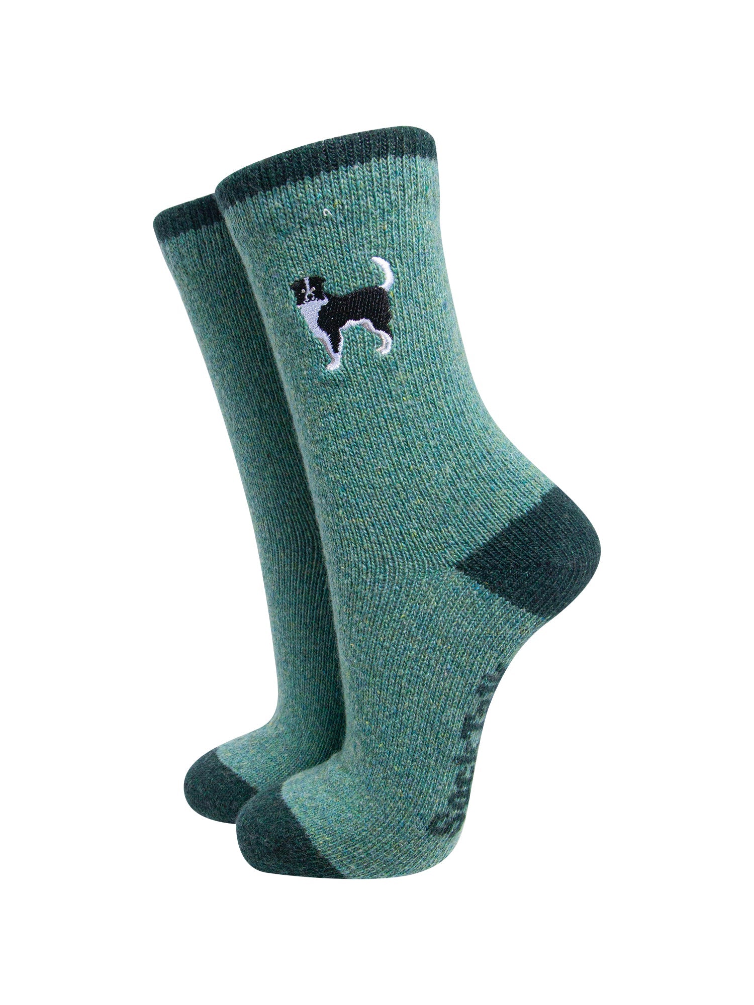 Collie-Dog-Embroidered-Wool-Socks-in-Green-On-Mannequin