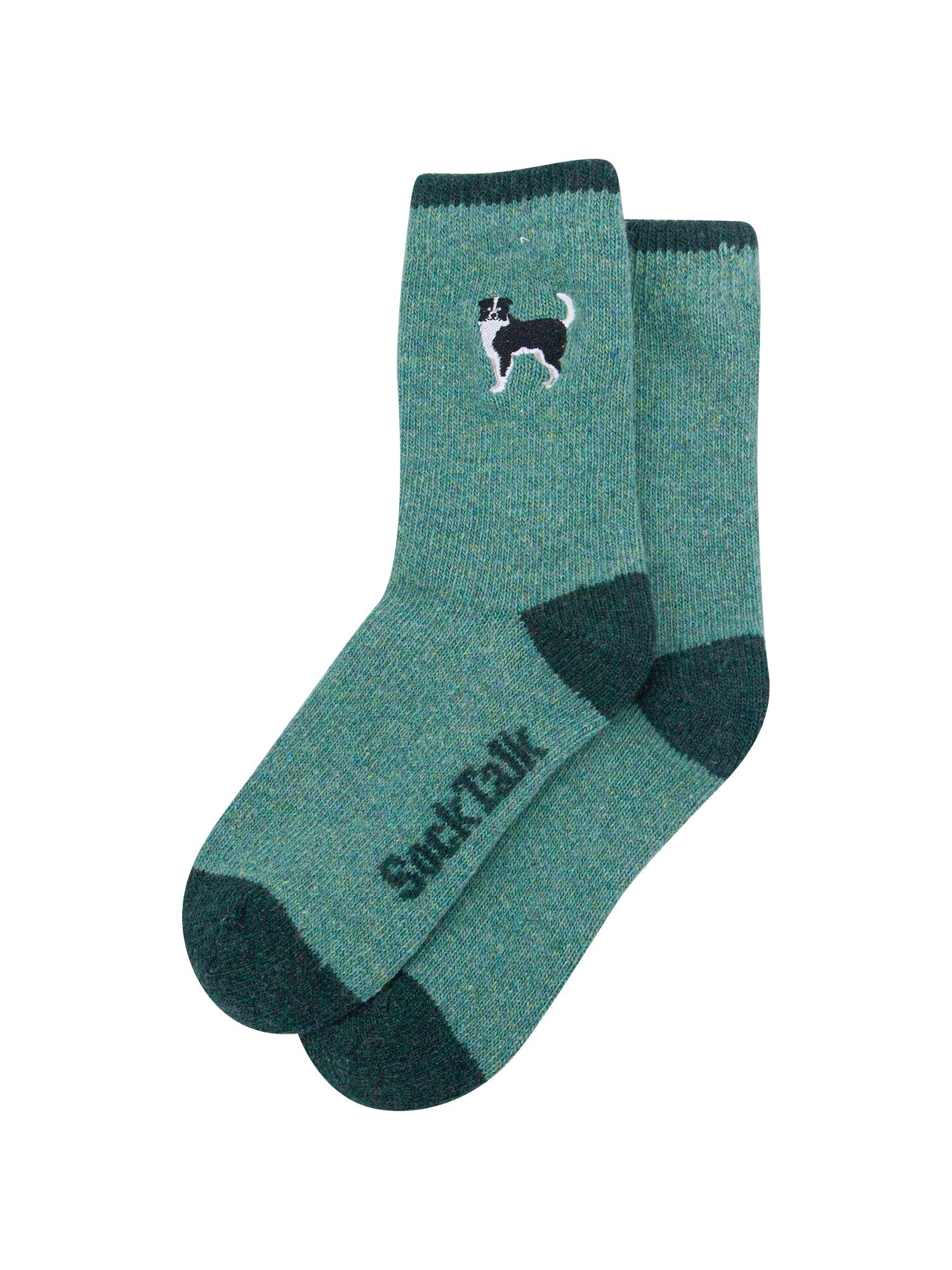 Collie-Dog-Embroidered-Wool-Socks-in-Green-Laid-Flat