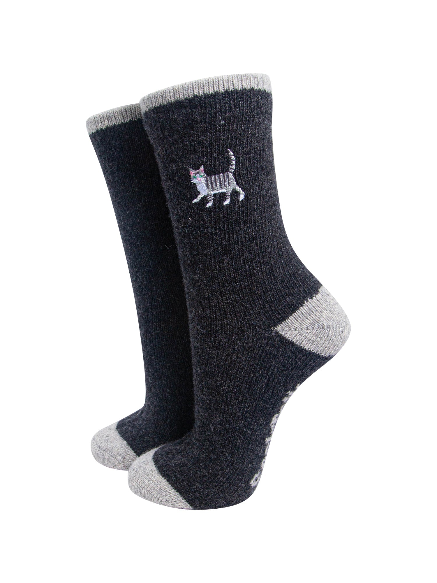 Grey-Cat-Embroidered-Wool-Socks-in-Charcoal-On-Mannequin