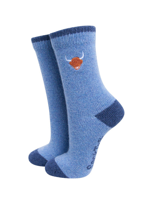 Highland-Cow-Embroidered-Wool-Socks-in-Denim-Blue-On-Mannequin