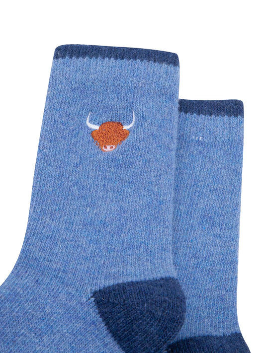 Highland-Cow-Embroidered-Wool-Socks-in-Denim-Blue-Close-Up