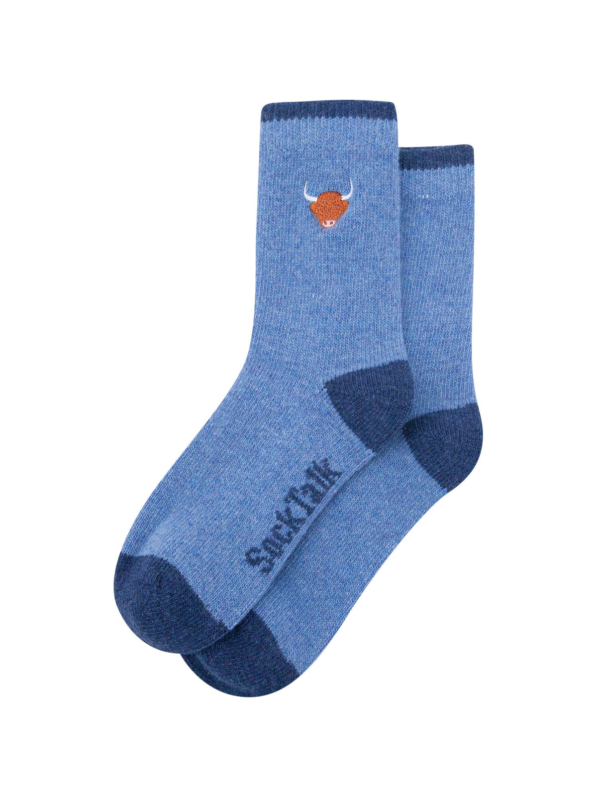 Highland-Cow-Embroidered-Wool-Socks-in-Denim-Blue-Laid-Flat