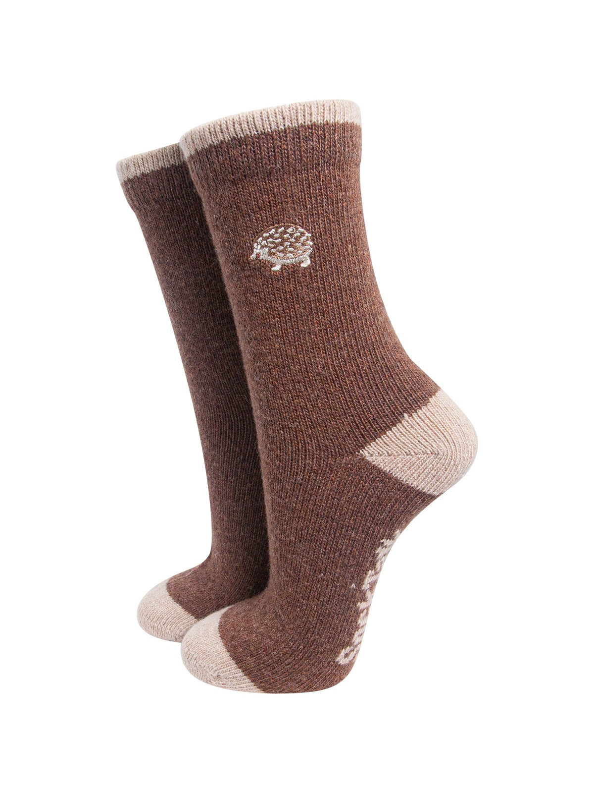 Hedgehog-Embroidered-Wool-Socks-in-Brown-On-Mannequin