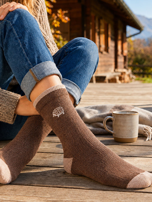 Hedgehog-Embroidered-Wool-Socks-in-Brown