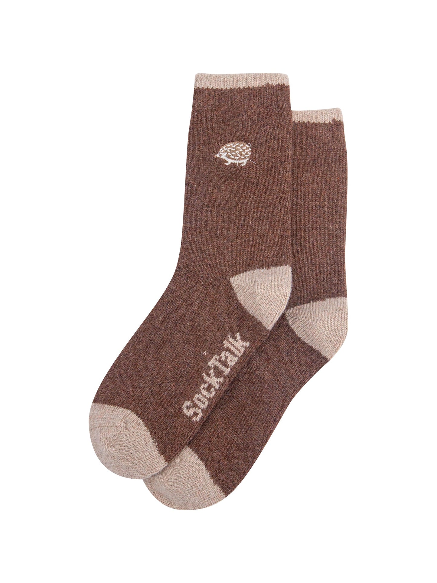 Hedgehog-Embroidered-Wool-Socks-in-Brown-Laid-Flat