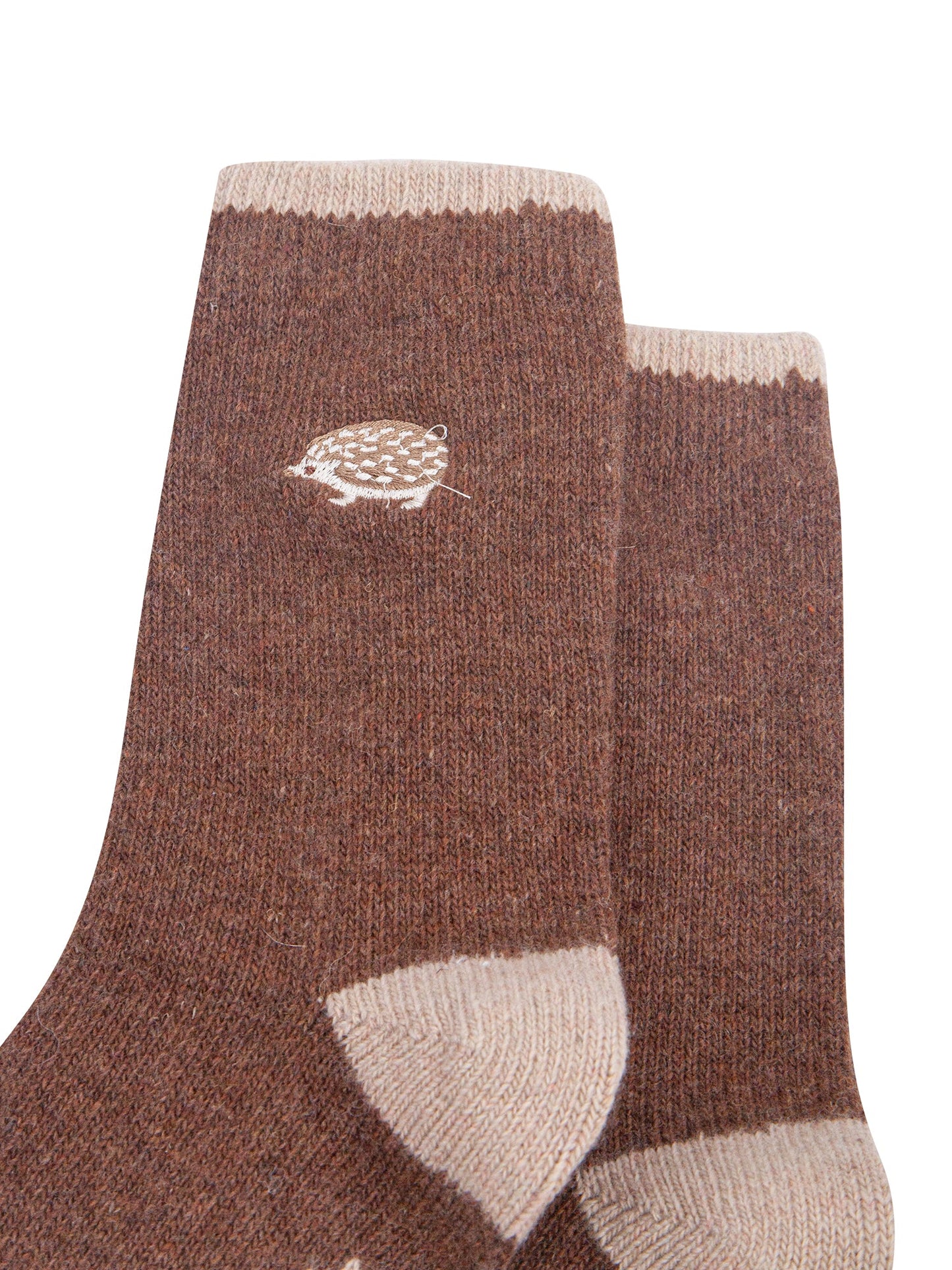 Hedgehog-Embroidered-Wool-Socks-in-Brown-Close-Up