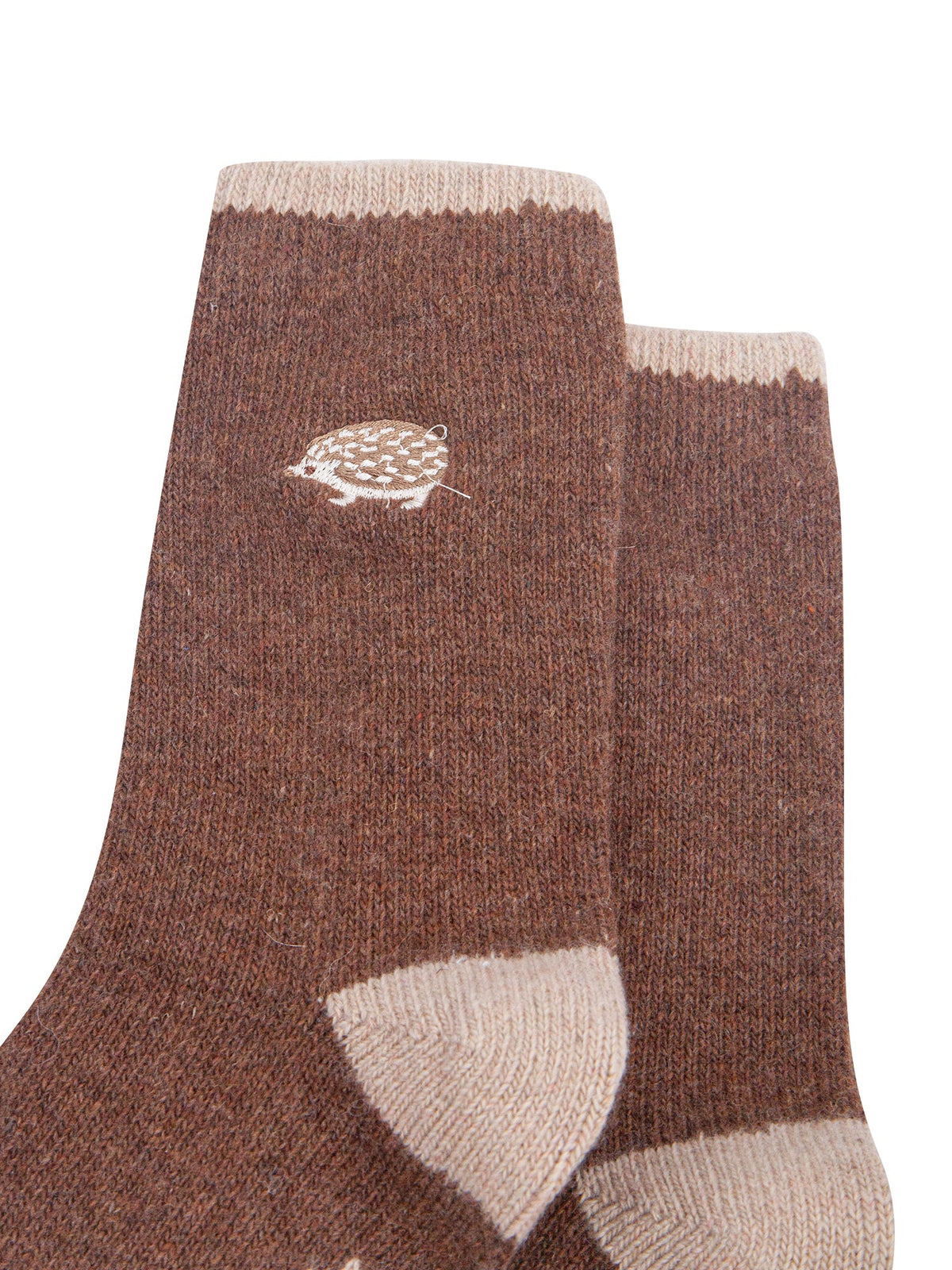 Hedgehog-Embroidered-Wool-Socks-in-Brown-Close-Up
