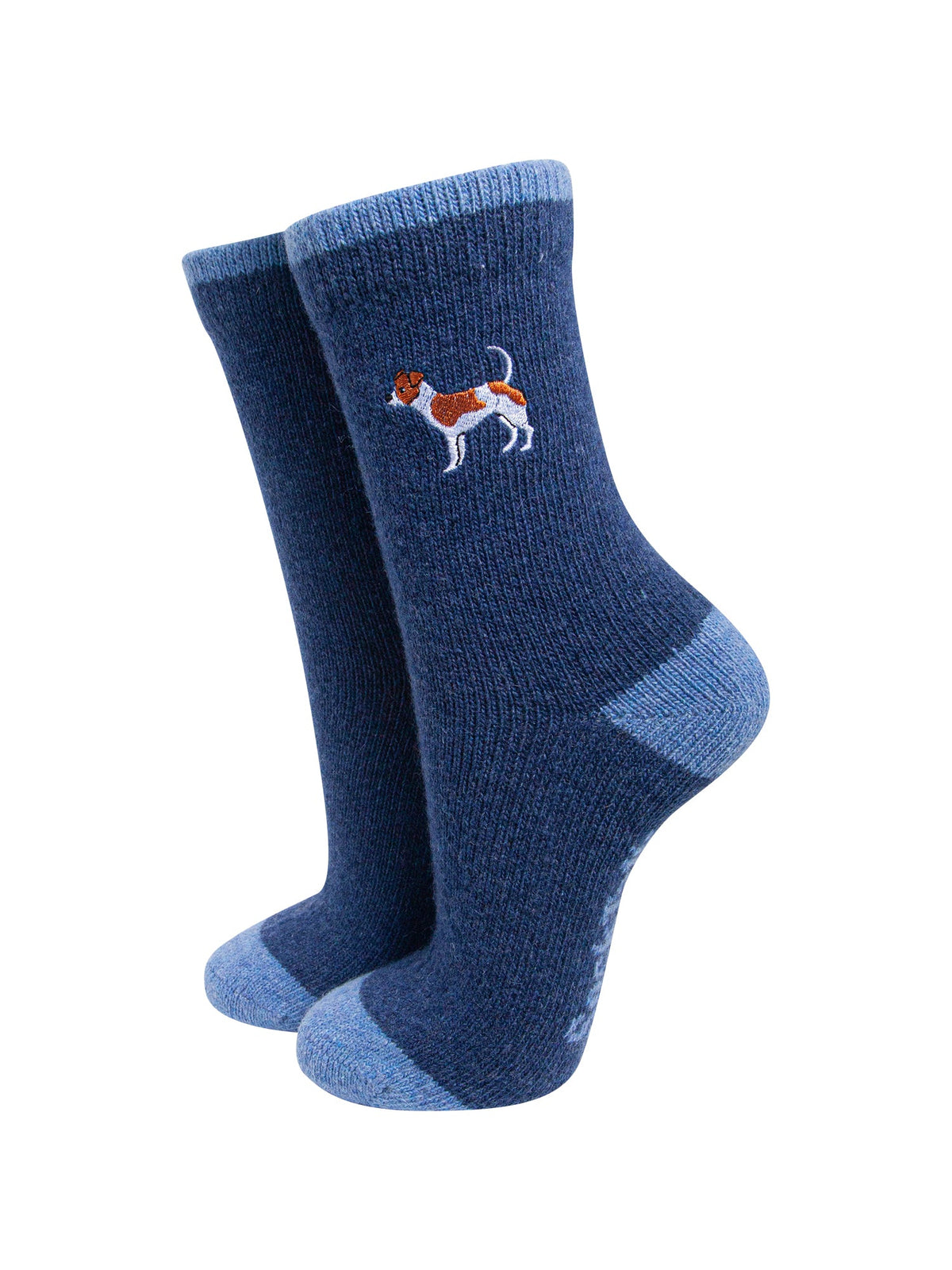 Jack-Russell-Embroidered-Wool-Socks-in-Blue-On-Mannequin