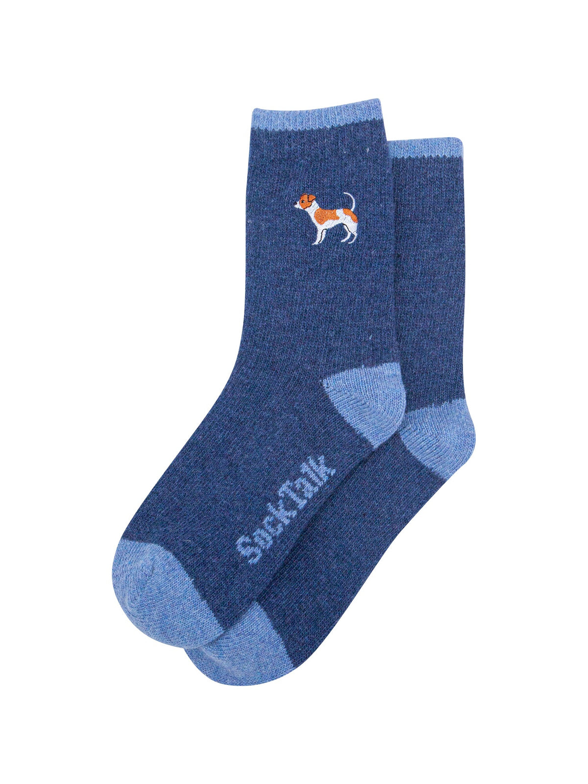 Jack-Russell-Embroidered-Wool-Socks-in-Blue-Laid-Flat