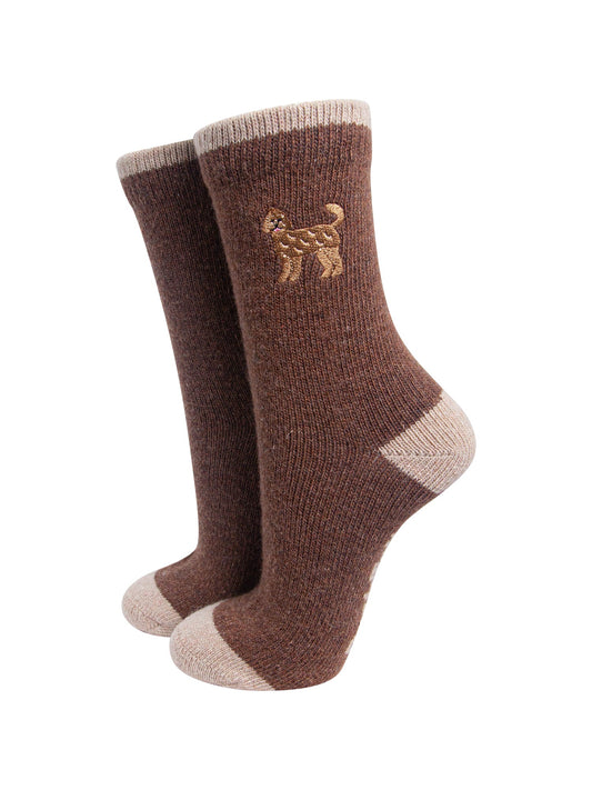 Labradoodle-Embroidered-Wool-Socks-in-Brown-On-Mannequin