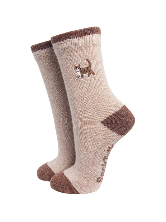 Tabby-Cat-Embroidered-Wool-Socks-in-Oatmeal-On-Mannequin