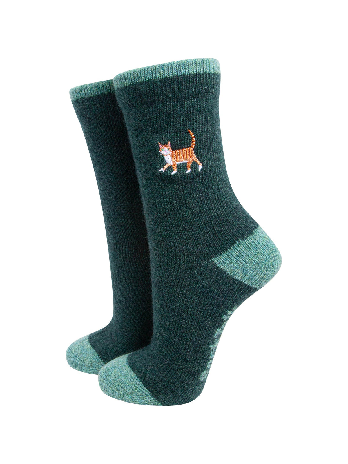 Ginger-Cat-Embroidered-Wool-Socks-in-Forest-Green-On-Mannequin
