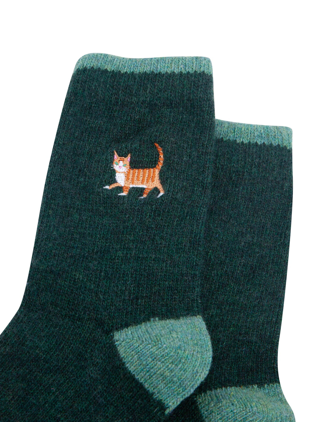 Ginger-Cat-Embroidered-Wool-Socks-in-Forest-Green-Close-Up